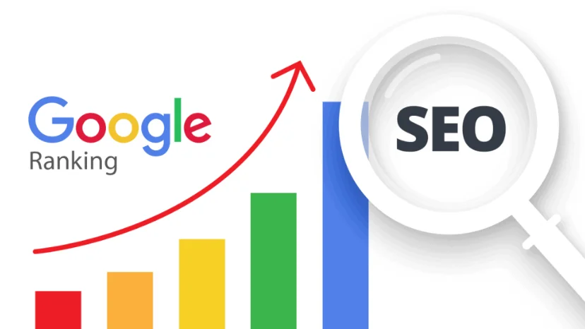 Google ranking SEO illustration showing a magnifying glass over a bar graph with rising red arrow