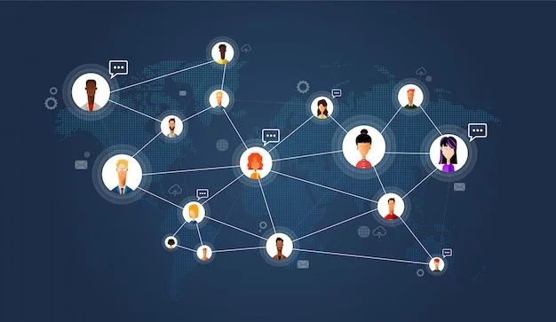 Illustration of a global social network showing diverse user avatars connected across a world map