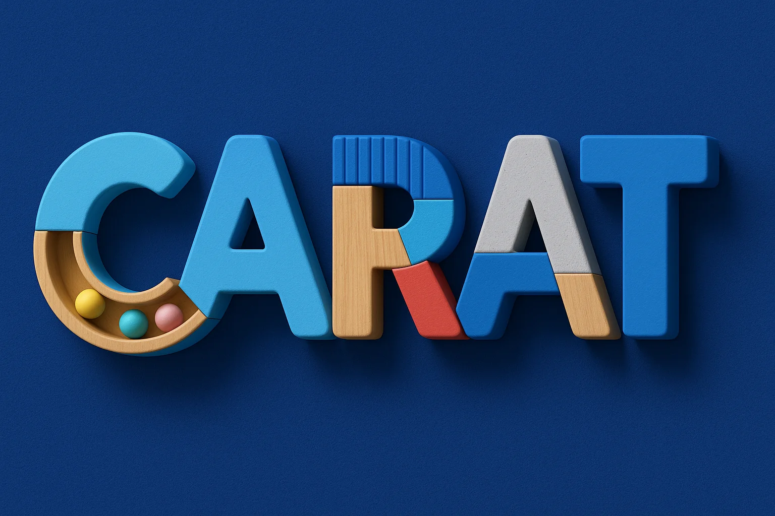 목재와 플라스틱 블록 재질이 혼합된 장난감 스타일의 입체 글자 "CARAT"