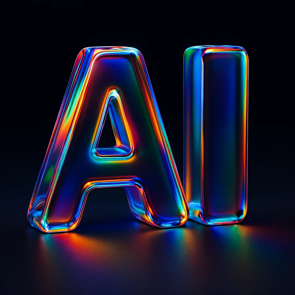 어두운 배경 위에 무지개빛 프리즘 효과가 적용된 투명한 입체 글자 "AI"