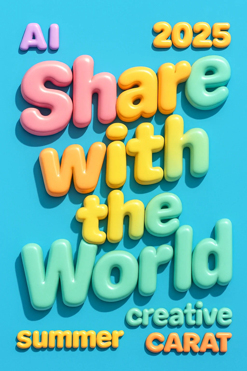 파스텔 색상의 입체 글씨로 "Share with the World" 문구가 적힌 밝고 경쾌한 포스터