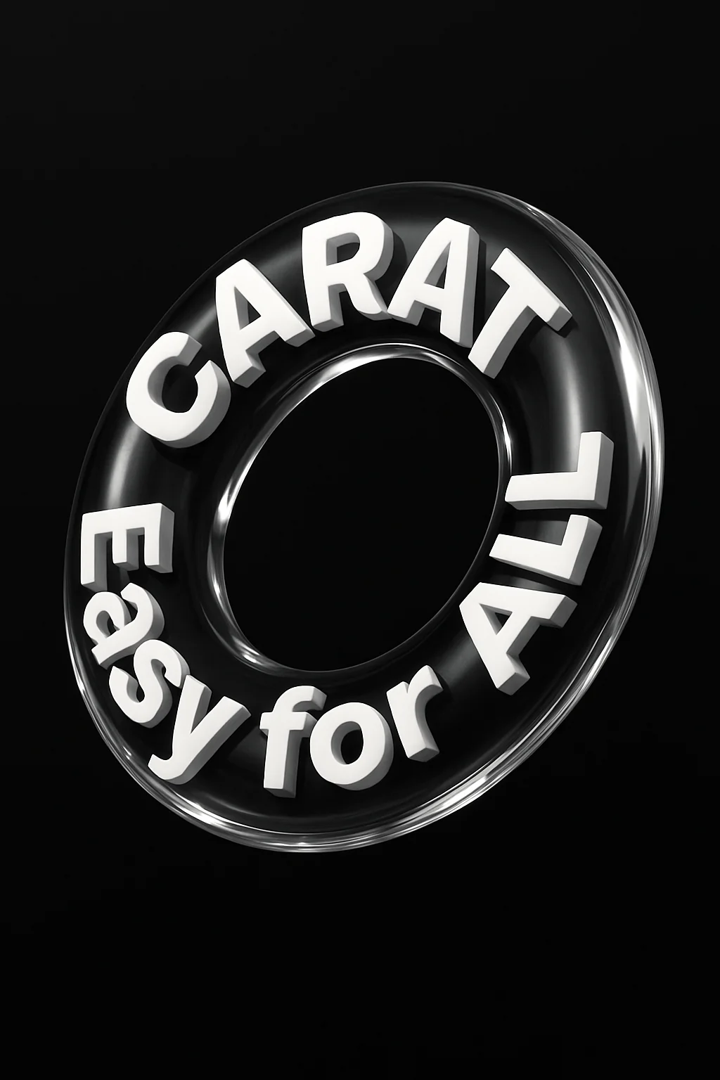 검정 배경에 투명한 고리 형태 안에 "CARAT Easy for ALL"이라는 입체 흰색 글씨가 배치된 타이포 디자인