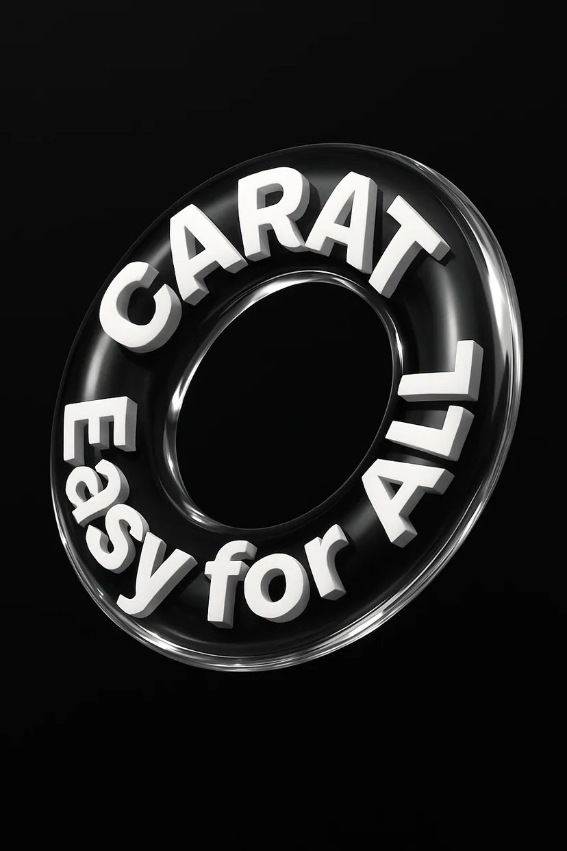 검정 배경에 투명한 고리 형태 안에 "CARAT Easy for ALL"이라는 입체 흰색 글씨가 배치된 타이포 디자인