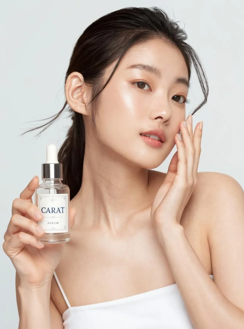 가상의 세럼 제품을 20대 한국인 여성이 들고 있는 모델컷 이미지입니다.