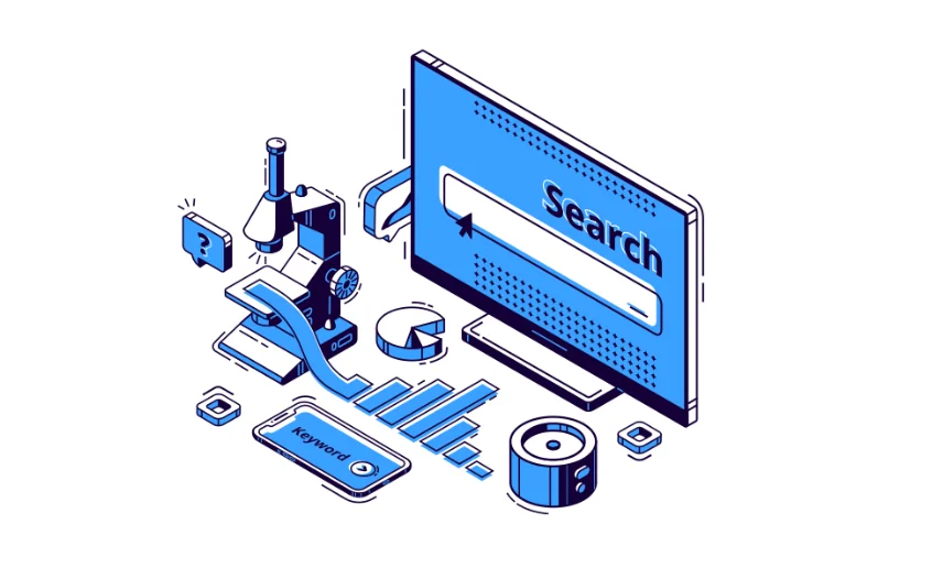 Isometric illustration of keyword research tools with a search bar, graphs, and analytics