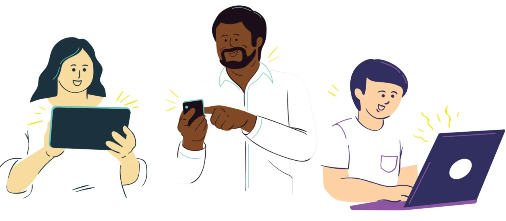 Illustration of diverse users happily using digital devices — tablet, smartphone, and laptop — for online search and browsing