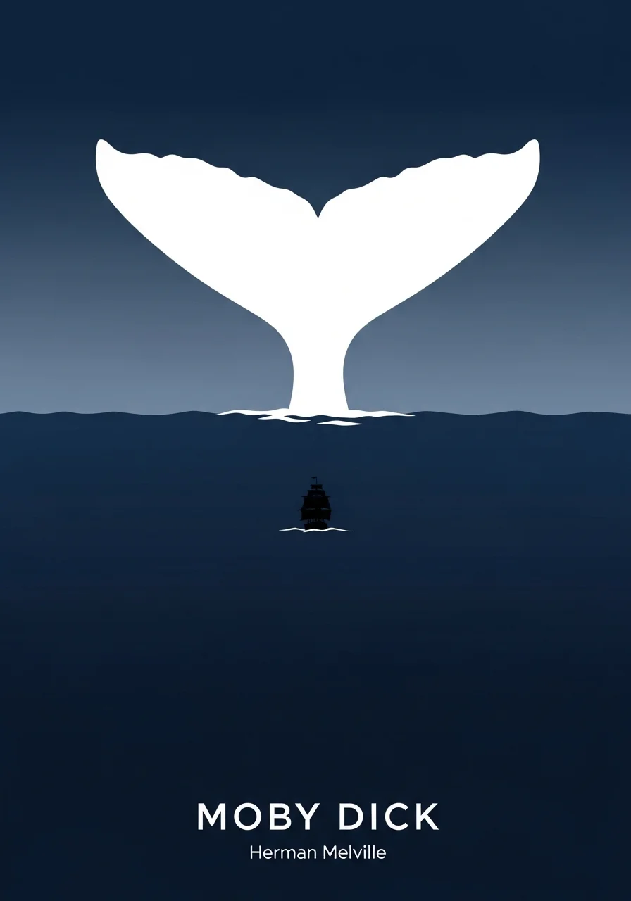 미니멀리스트 디자인의 모비 딕 소설 표지. 푸른 바다 위에 거대한 흰 고래 꼬리가 솟아 있고, 그 아래 멀리 작은 검은색 배가 떠 있다. 하단에 'MOBY DICK' 텍스트가 있다.