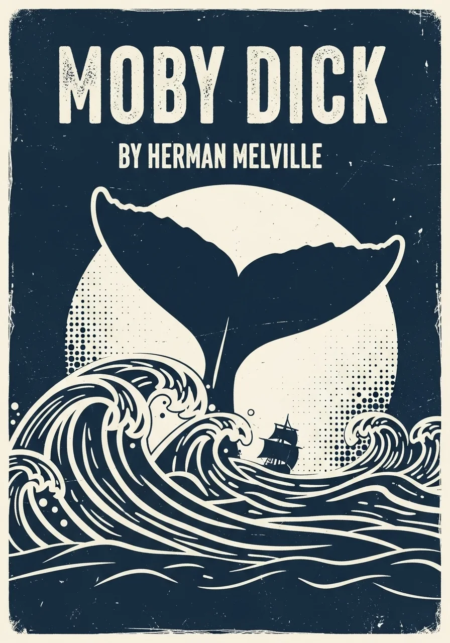 빈티지풍의 모비 딕 책 표지. 어두운 파란색 바탕에 고래 꼬리, 거친 파도, 작은 배가 흰색으로 그려져 있다.