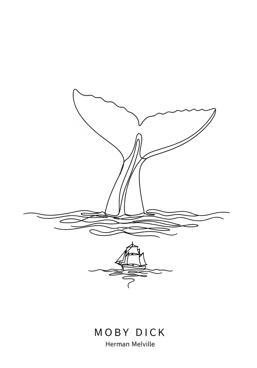 흰 배경에 고래 꼬리와 범선이 물결 위에 표현된 모비 딕 컨셉의 간결한 선화 일러스트.