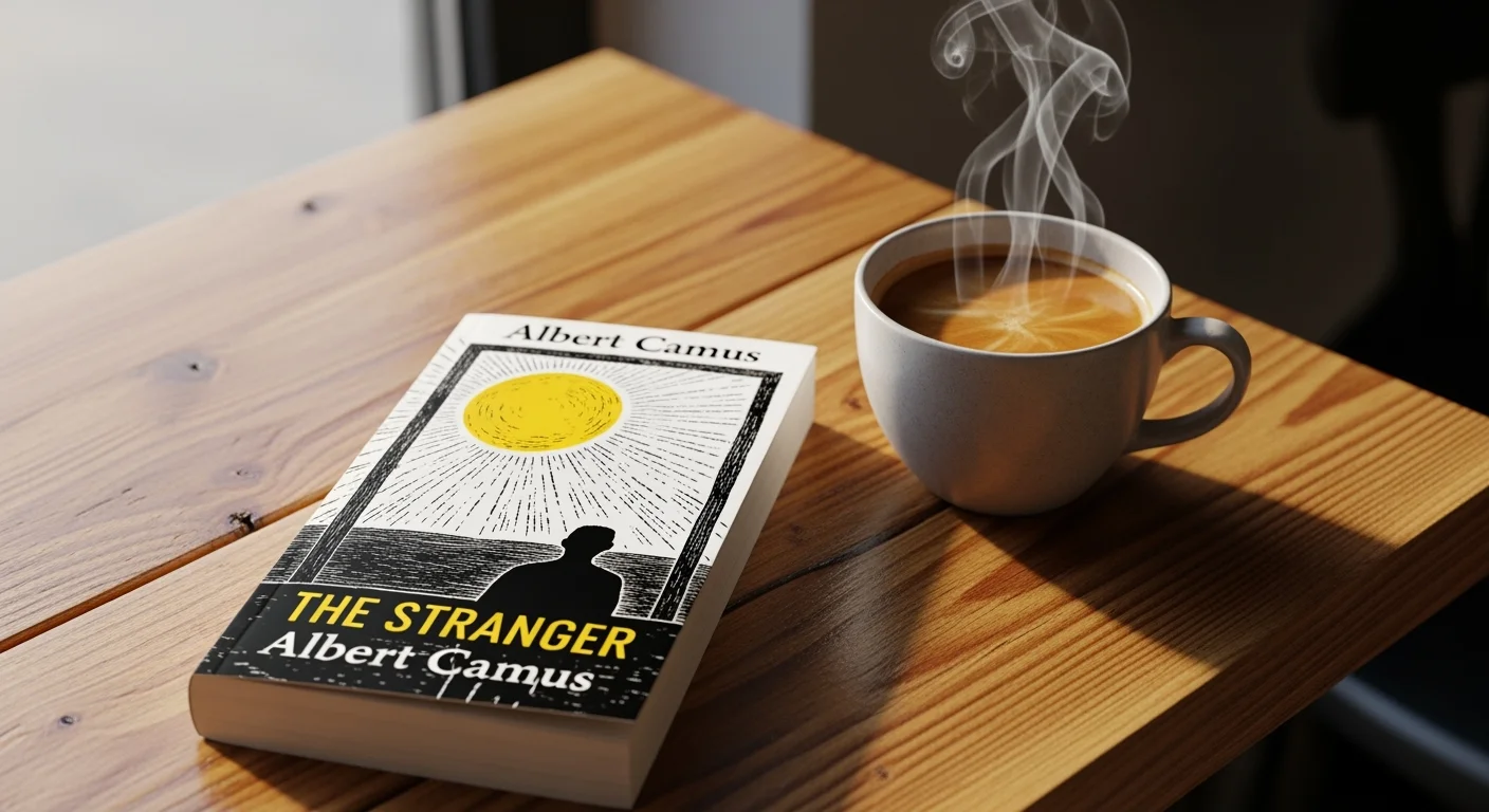나무 테이블에 놓인 알베르 카뮈의 '이방인' 책과 김이 모락모락 나는 커피잔.