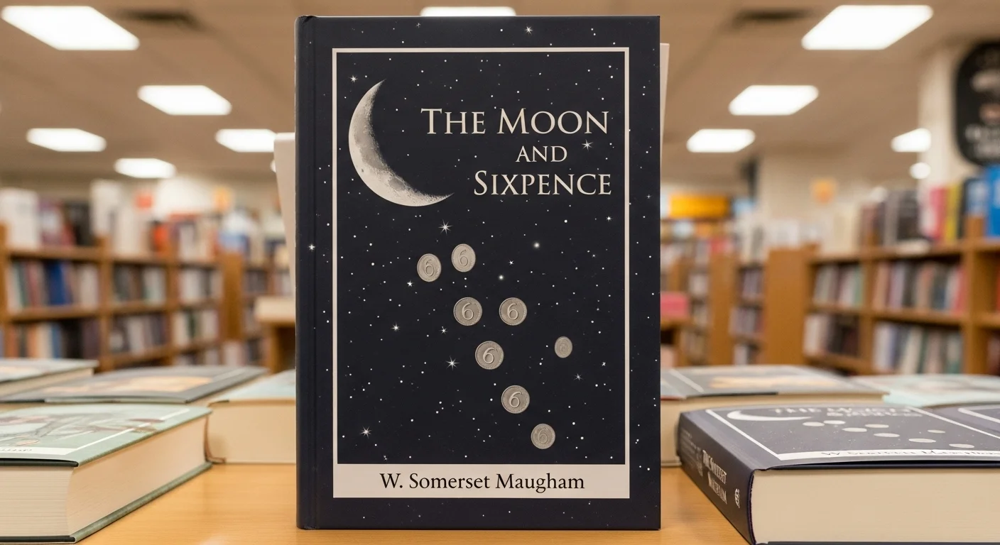 W. 서머싯 몸의 소설 '더 문 앤 식스펜스' 책. 표지에는 밤하늘을 배경으로 달, 별, 6이 새겨진 6펜스 동전들이 그려져 있으며, 서점 진열대에 놓여 있습니다.