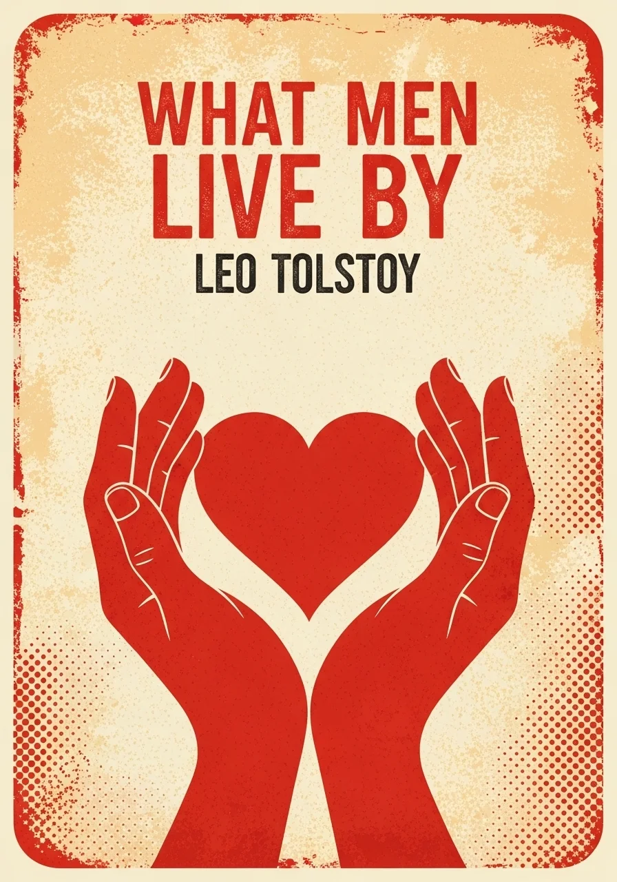 톨스토이의 'What Men Live By' 책 표지입니다. 붉은색 빈티지 스타일로, 두 손이 하트를 감싸고 있는 이미지입니다.