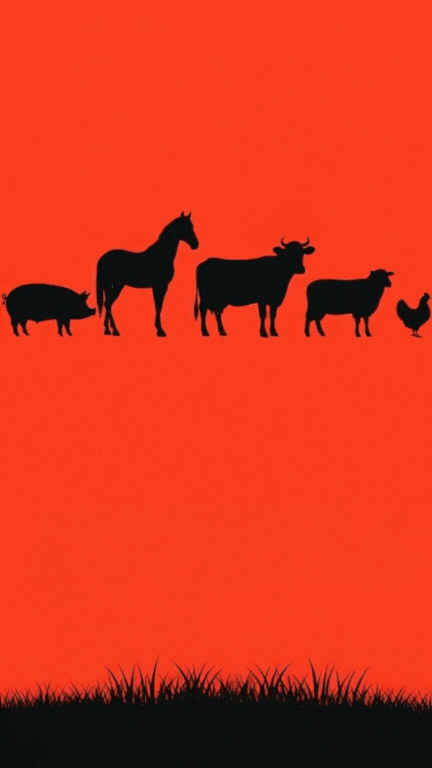 빨간색 배경에 풀밭 위로 돼지, 말, 소, 양, 닭의 검은 실루엣이 일렬로 늘어서 있다.