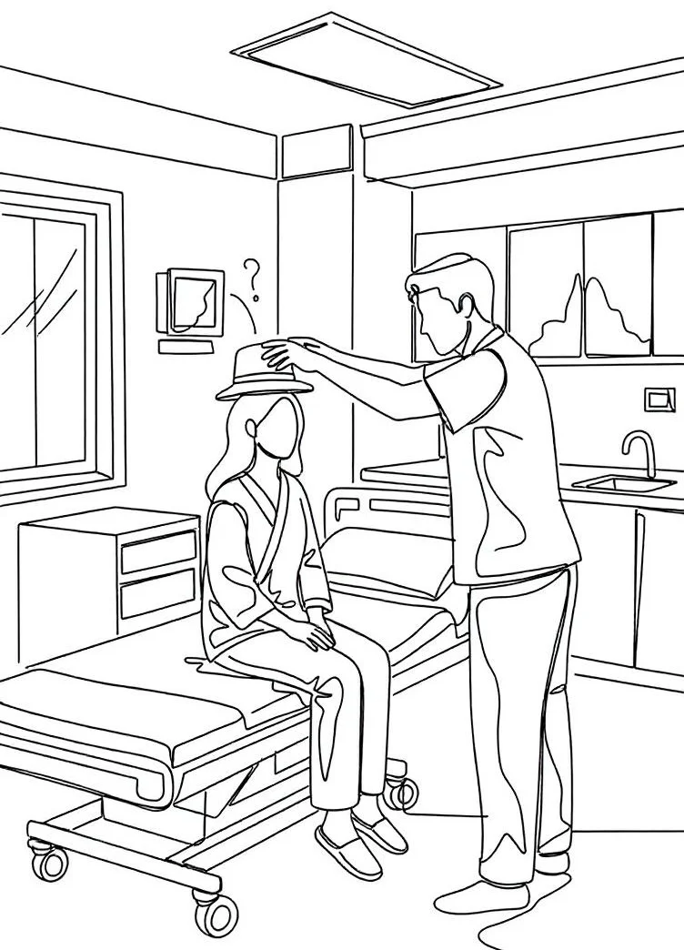 병실에서 남자가 여자에게 모자를 씌워주고, 그 위에 물음표가 있는 선화.