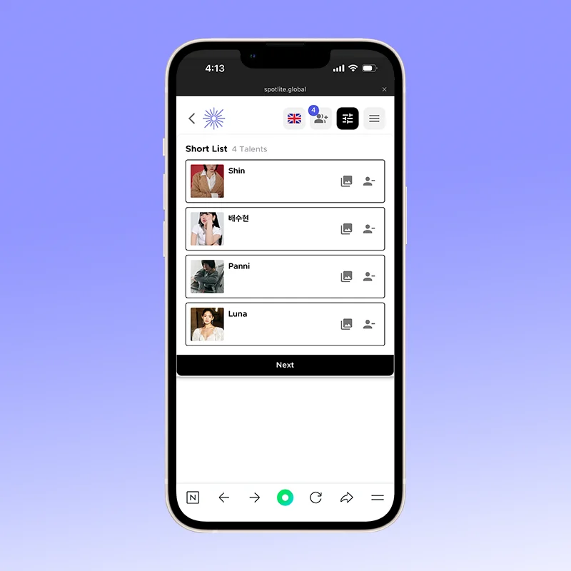 Mobile screen of the model list section on the model casting platform Spotlite