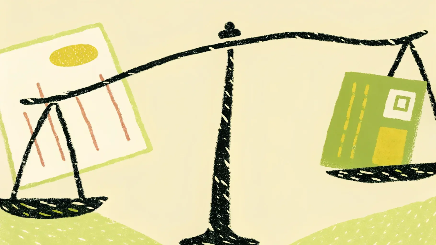 카드결제와 BNPL(후불결제)을 비교하는 저울 일러스트 — 기업 결제수단 선택을 상징