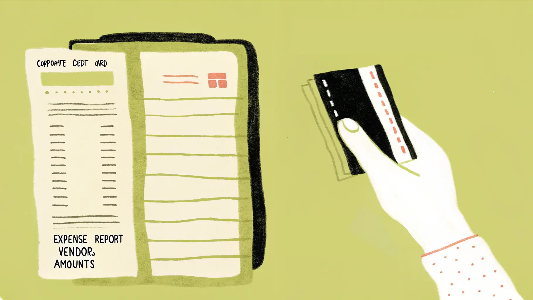 한쪽에는 카드 결제하는 손, 다른 한쪽에는 거래내역이 정리된 화면이 있는 일러스트 — 카드결제의 명확한 기록과 통제를 시각화