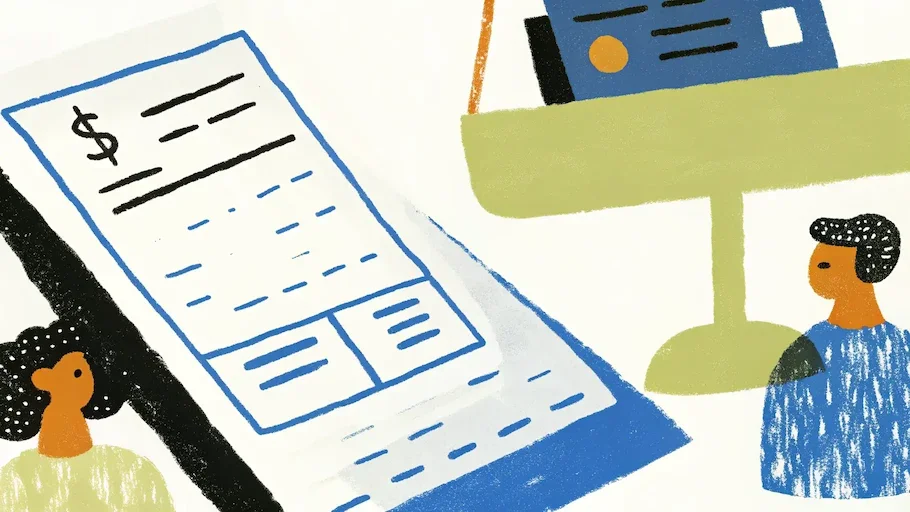 세금계산서와 카드를 저울에 올려 비교하는 장면 — 기업의 결제수단 전략을 표현한 비즈니스 일러스트