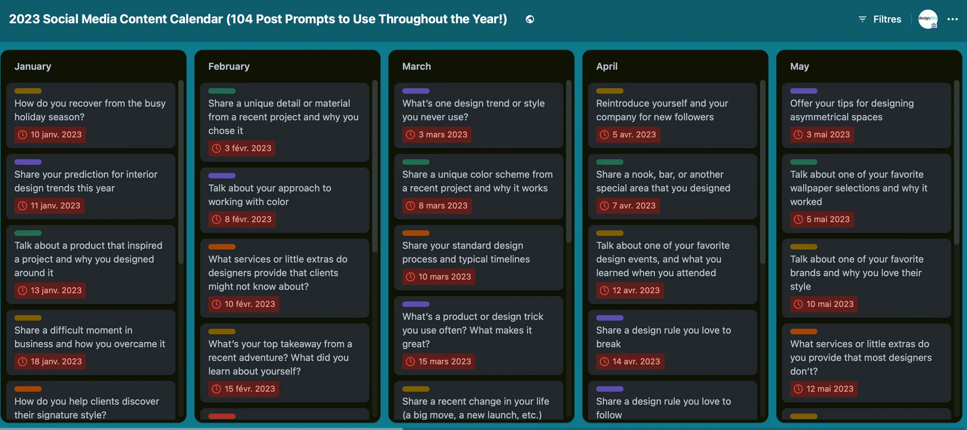 Social media content calendar example with monthly post prompts for interior designers, displayed in a Trello board layout for January to May 2023