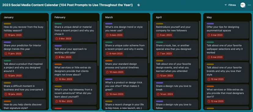 Social media content calendar example with monthly post prompts for interior designers, displayed in a Trello board layout for January to May 2023