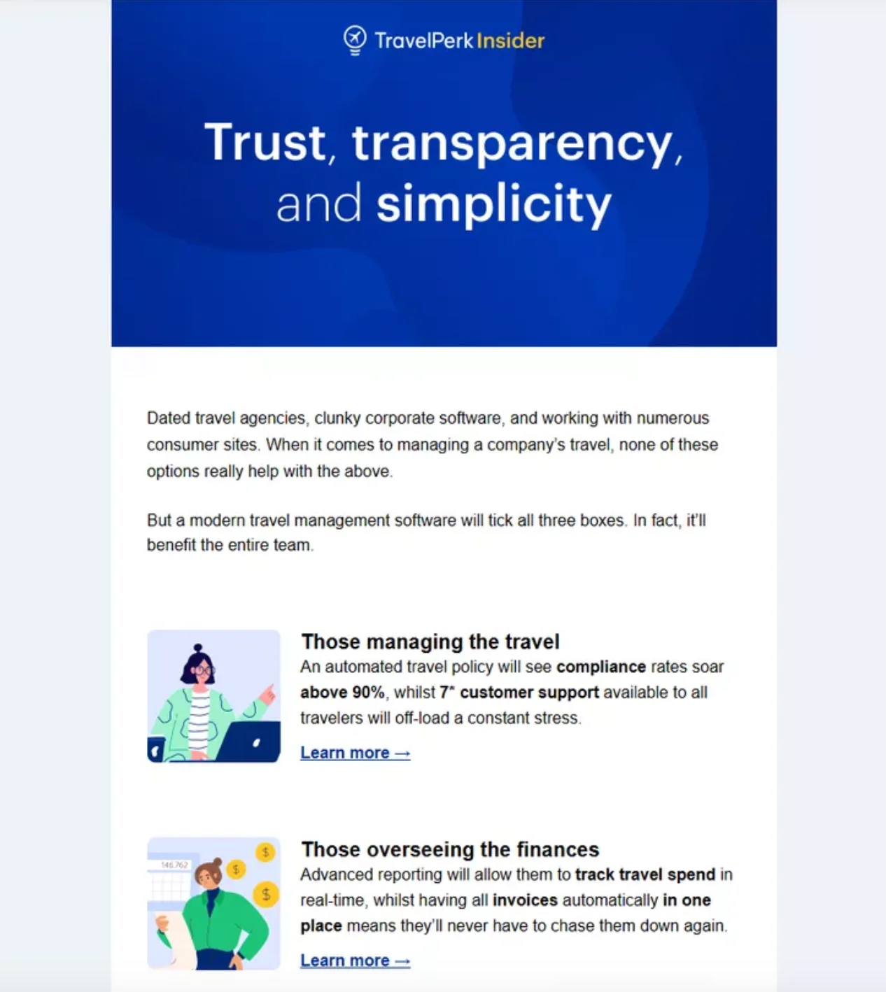 Email newsletter from TravelPerk Insider promoting modern travel management software benefits for teams, featuring sections for travel managers and finance oversight