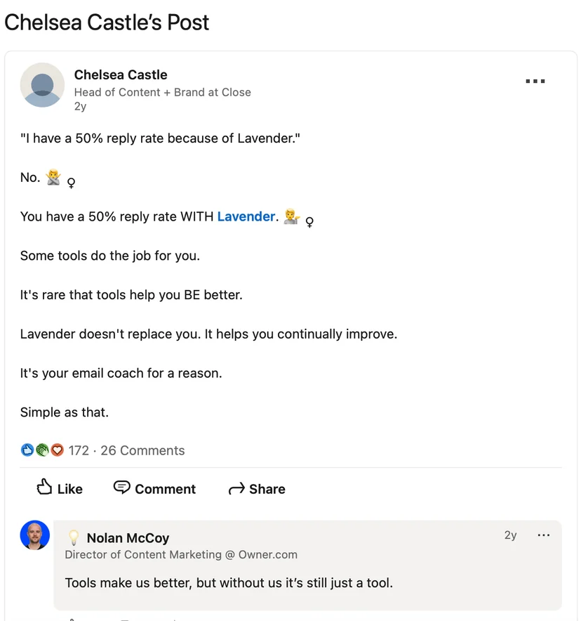 LinkedIn post by Chelsea Castle explaining the value of Lavender as an email coaching tool that supports personal improvement rather than replacing the user