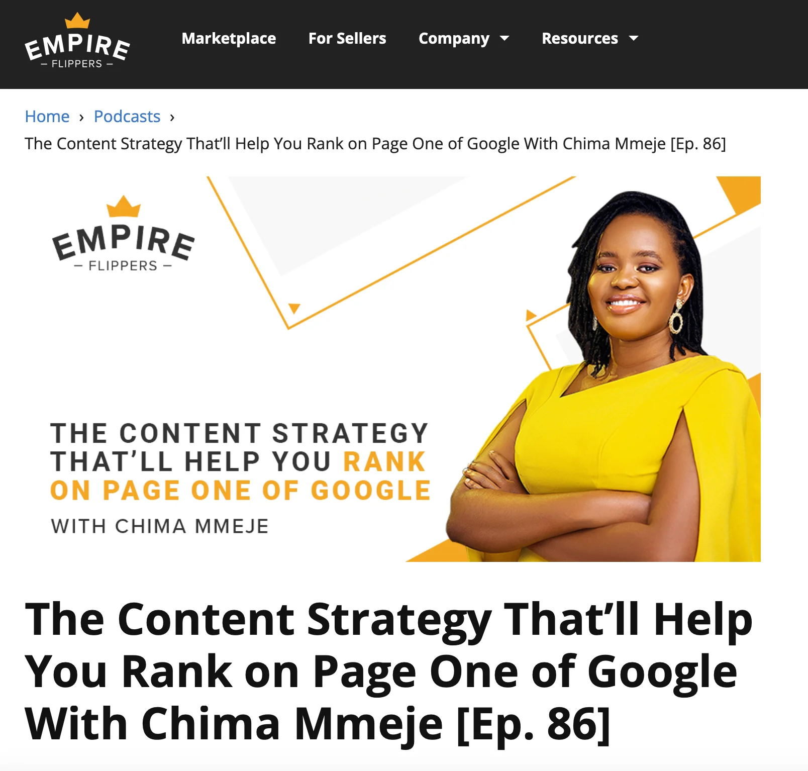 Empire Flippers podcast episode featuring Chima Mmeje discussing content strategy tips to rank on page one of Google