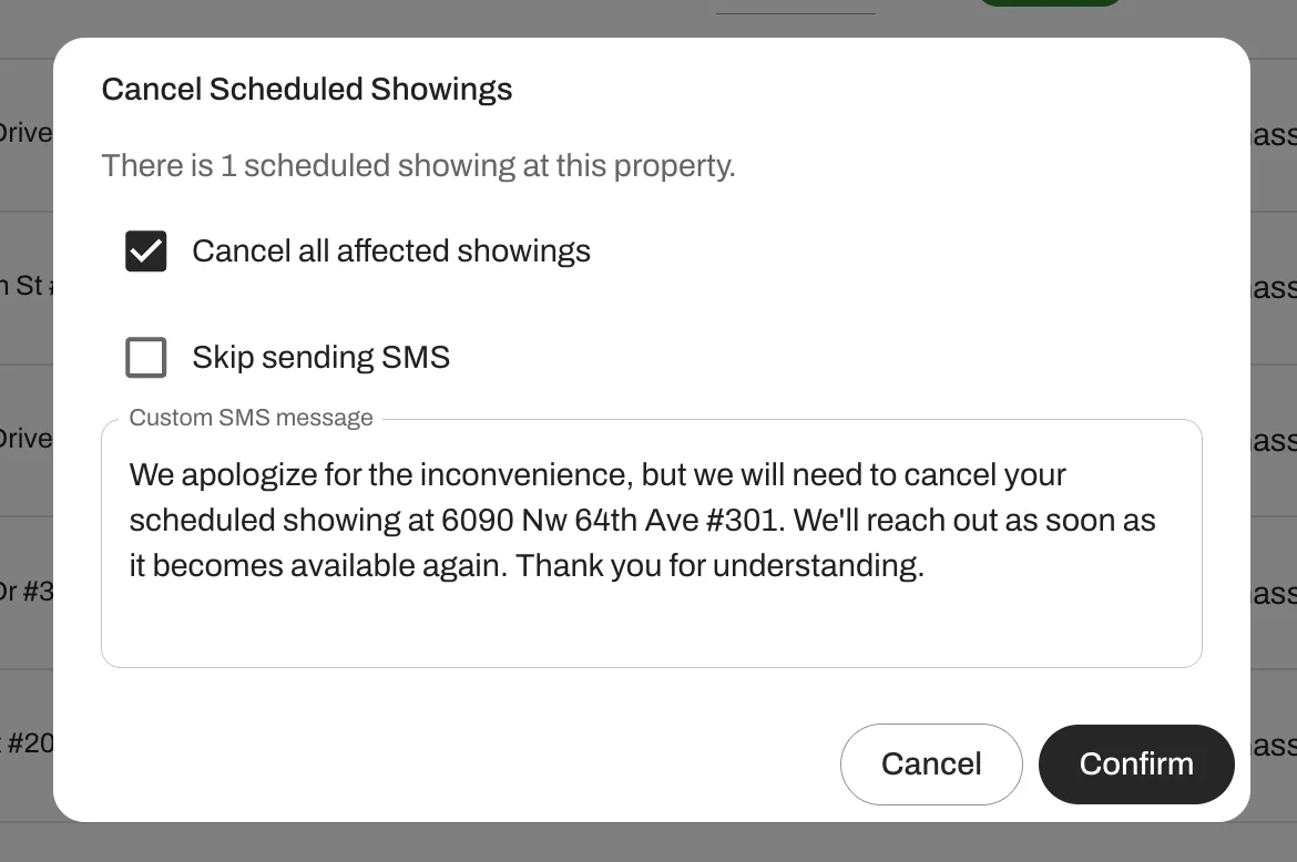 We now automatically cancel a showings and update the lead when a unit's availability changes. 