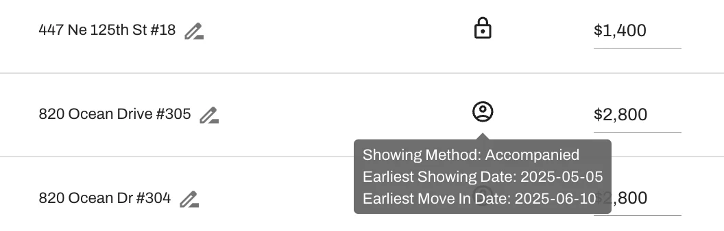 Check a property's showing type and earliest move-in/showing date.