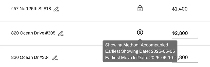 Check a property's showing type and earliest move-in/showing date.
