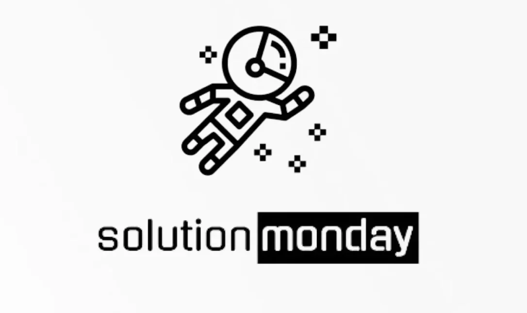 Solution Monday logo featuring a stylized astronaut with a speedometer helmet floating in space