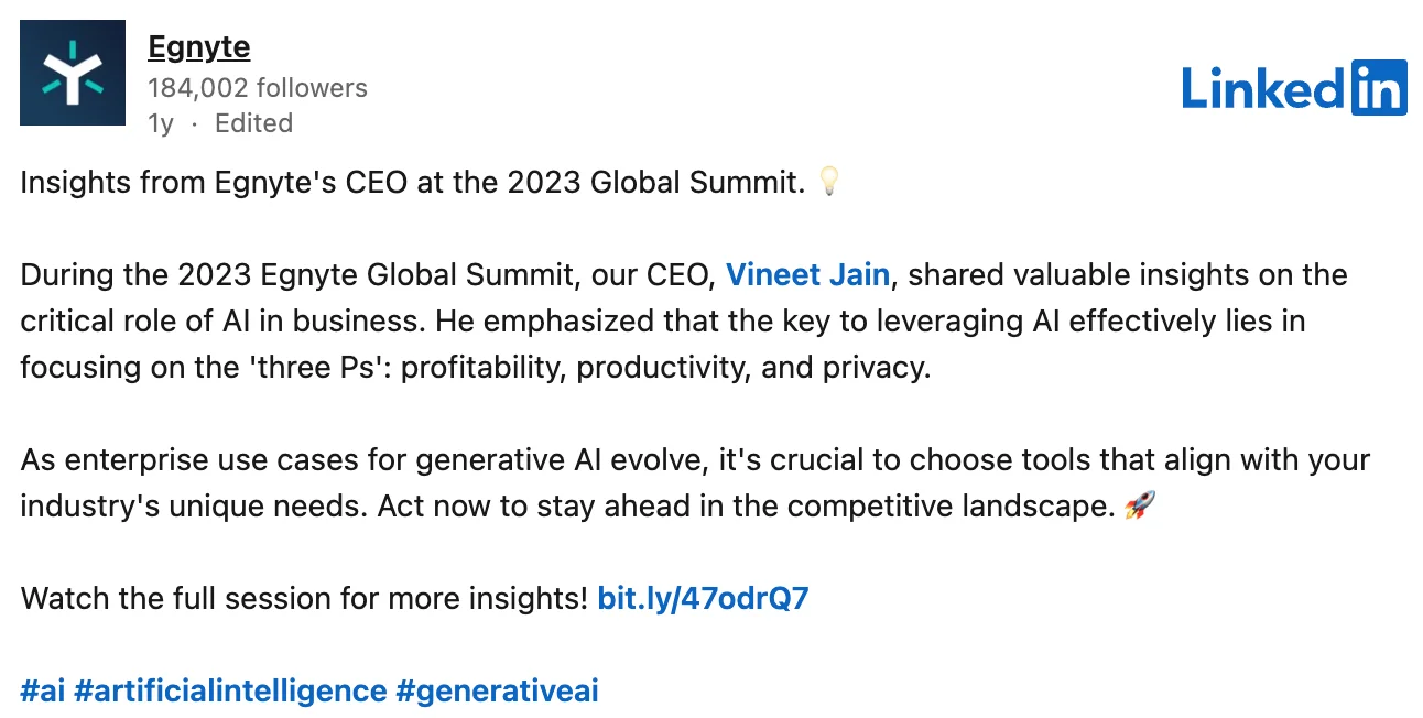 Egnyte CEO Vineet Jain shares insights on AI at the 2023 Global Summit, emphasizing profitability, productivity, and privacy as key to leveraging generative AI for business success