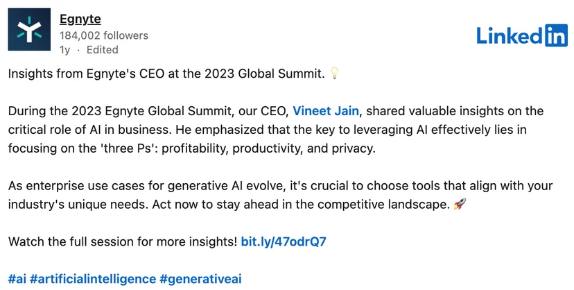 Egnyte CEO Vineet Jain shares insights on AI at the 2023 Global Summit, emphasizing profitability, productivity, and privacy as key to leveraging generative AI for business success