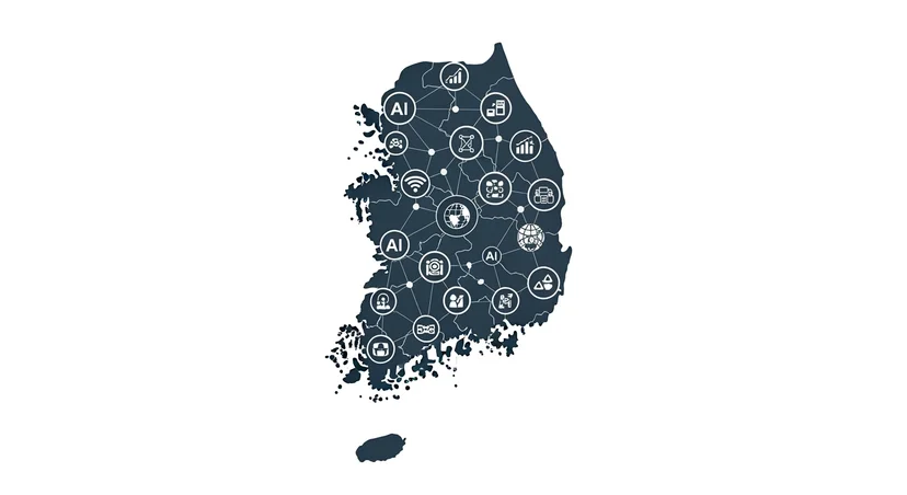 대한민국 AI 기업 생태계 지도 - 전국 주요 도시에 AI 기술 아이콘과 네트워크 연결선이 표시된 국내 AI 산업 현황 인포그래픽