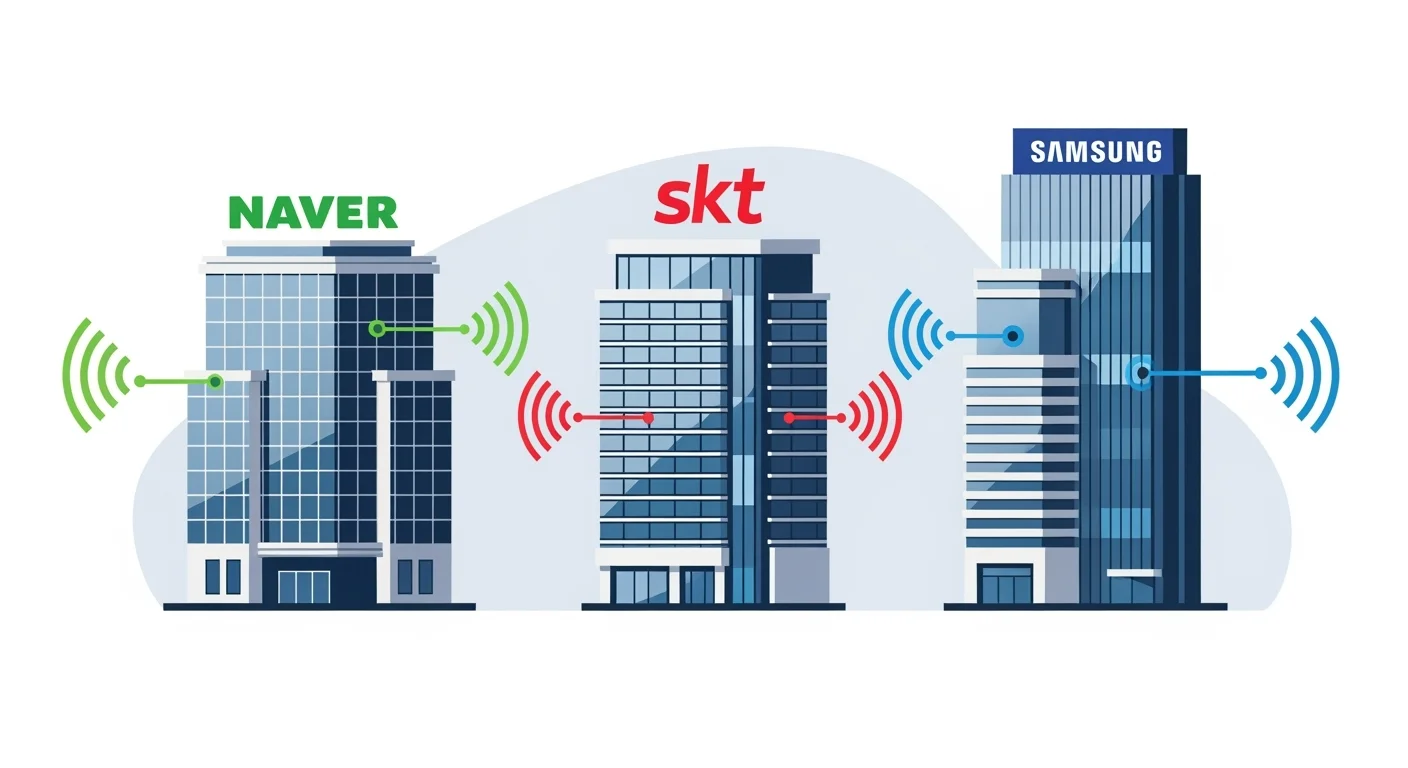 국내 AI 시대를 이끄는 대표 대기업 3사 - 네이버 하이퍼클로바X, SK텔레콤 에이닷, 삼성전자 삼성가우스 로고 및 AI 서비스 소개