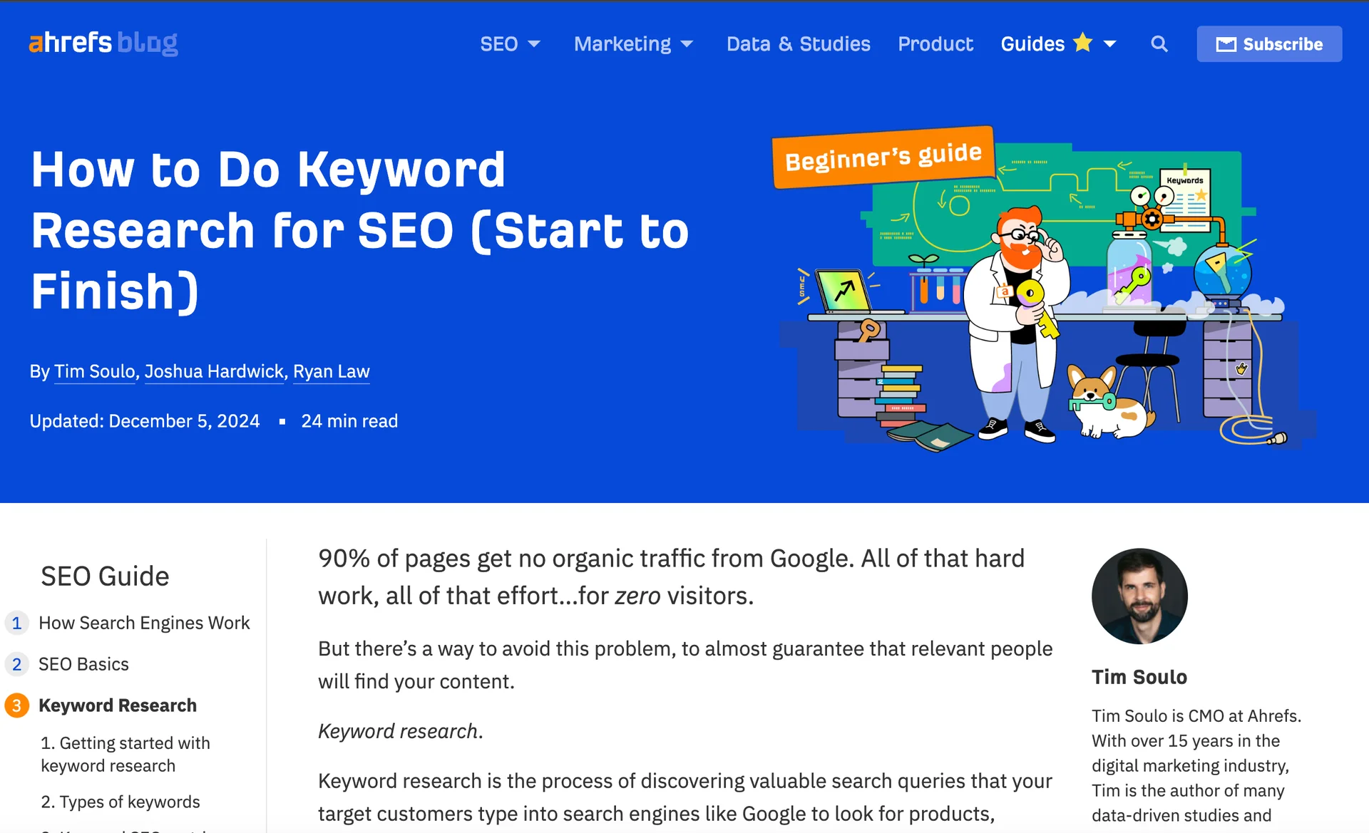 Ahrefs blog article titled 'How to Do Keyword Research for SEO (Start to Finish)' with illustration of a scientist holding a key and analyzing keyword data