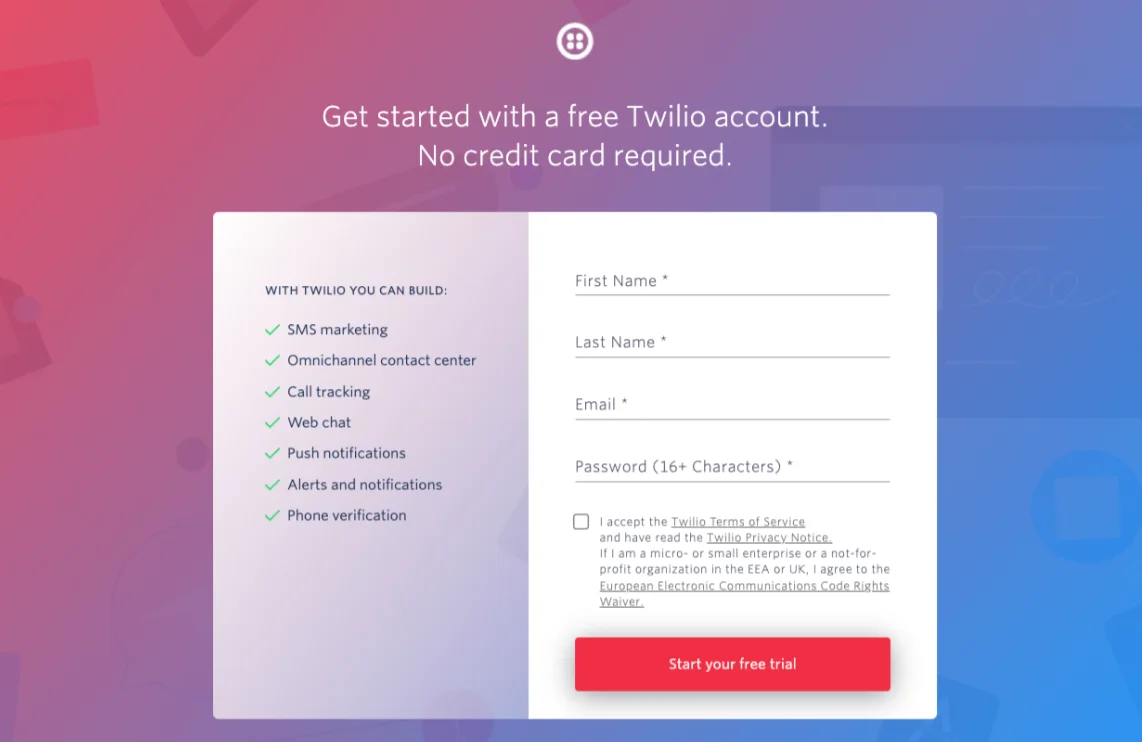 Twilio free trial signup form offering SMS marketing, web chat, and phone verification with no credit card required