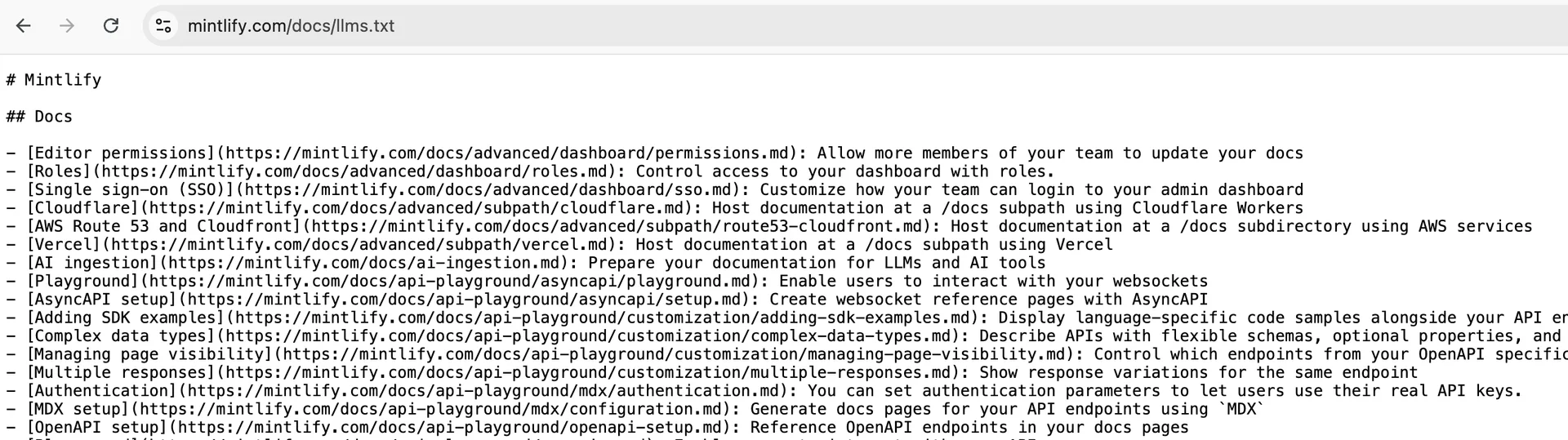 Mintlify Docs 페이지에 실제로 적용된 llms.txt 파일