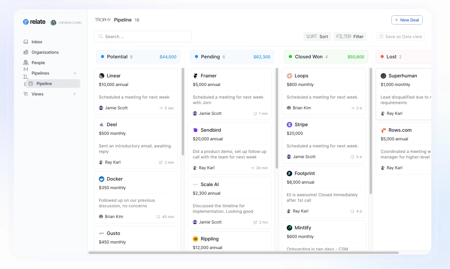 Relate는 성장하는 B2B 팀을 위해 꼭 필요한 기능만 담은 가볍고 빠른 CRM입니다.