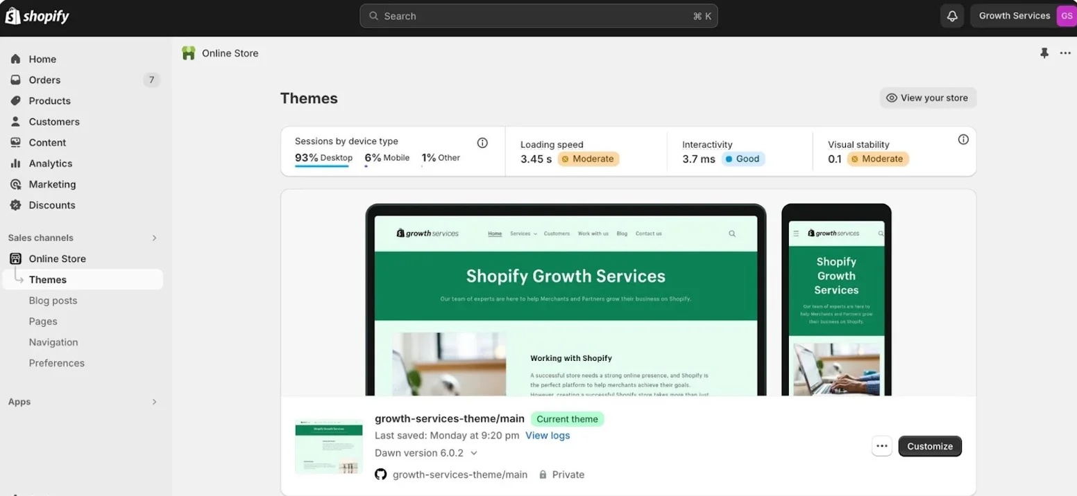 Shopify theme customization dashboard showing performance metrics like loading speed, interactivity, and visual stability for Growth Services theme