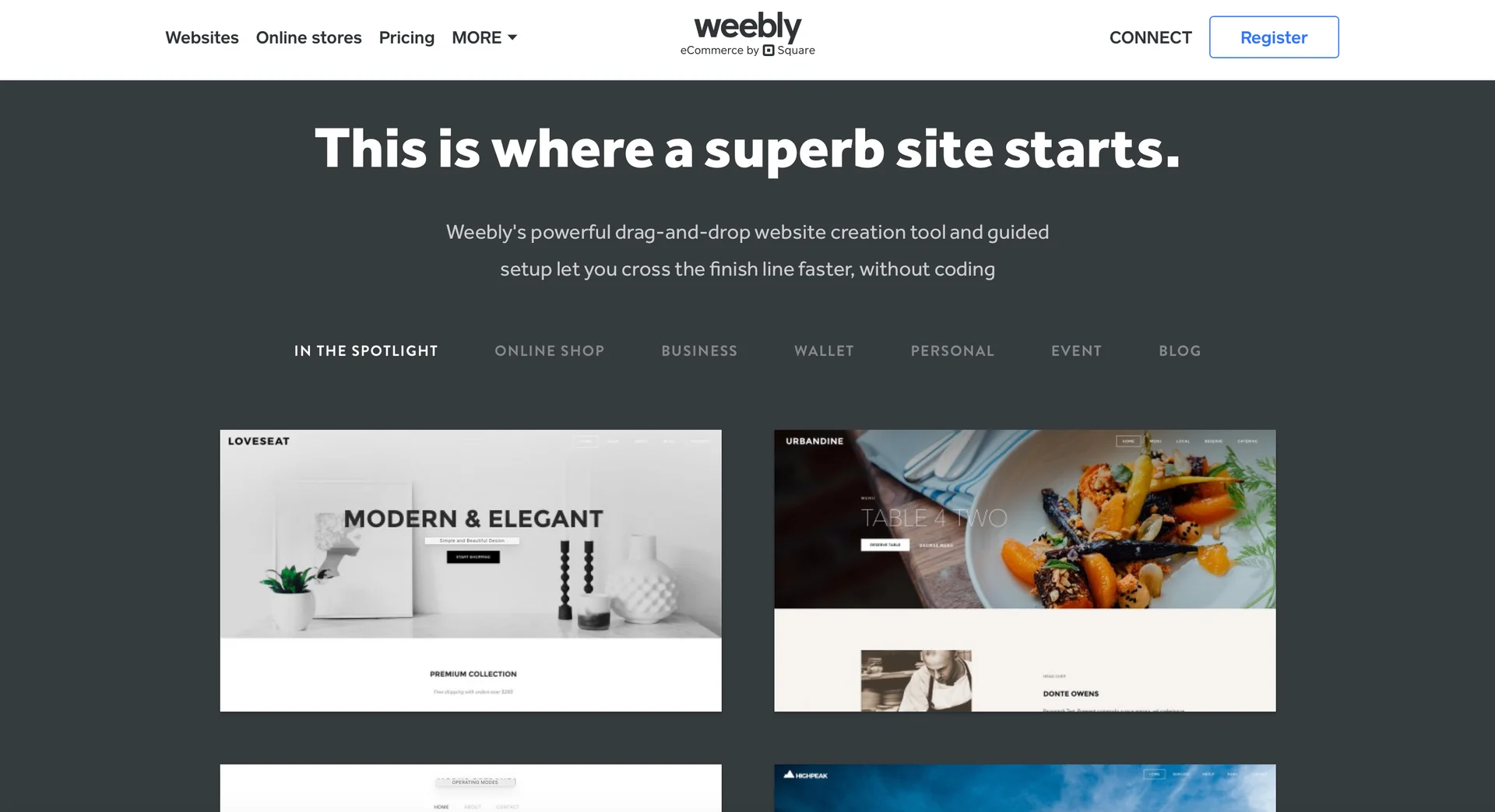 Weebly website builder homepage showcasing drag-and-drop design tool and modern templates for online shops, business, and personal websites