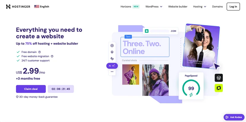 Screenshot of Hostinger Homepage