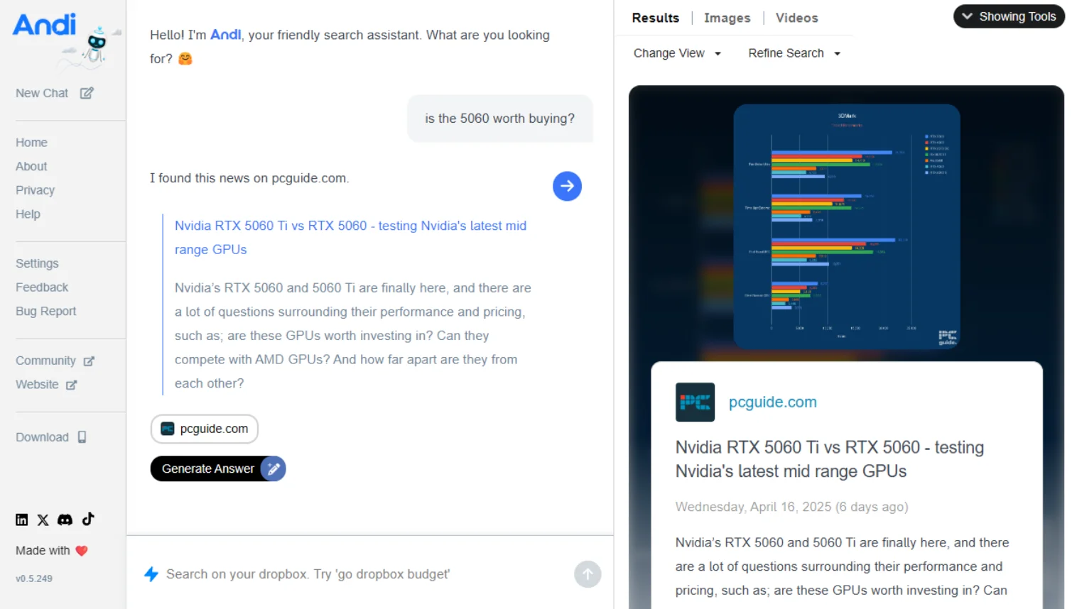 Andi AI search result for 'Is the RTX 5060 worth buying?
