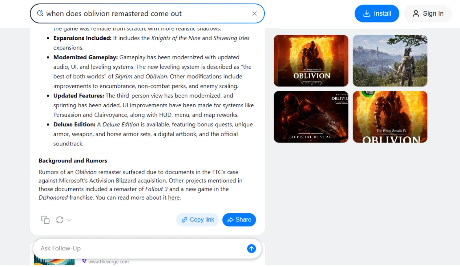 Search results page (Bagoodex) detailing features and rumors of The Elder Scrolls IV: Oblivion Remastered