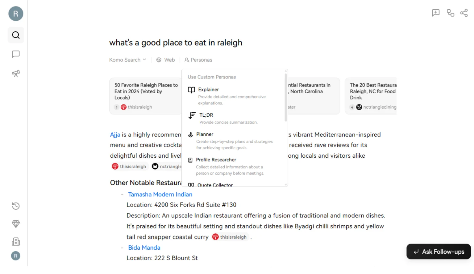 Komo AI search result for 'What's a good place to eat in Raleigh'