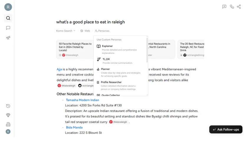 Komo AI search result for 'What's a good place to eat in Raleigh'