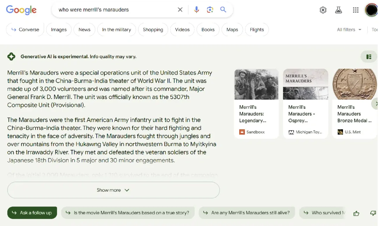 Google Generative AI search result explaining Merrill's Marauders