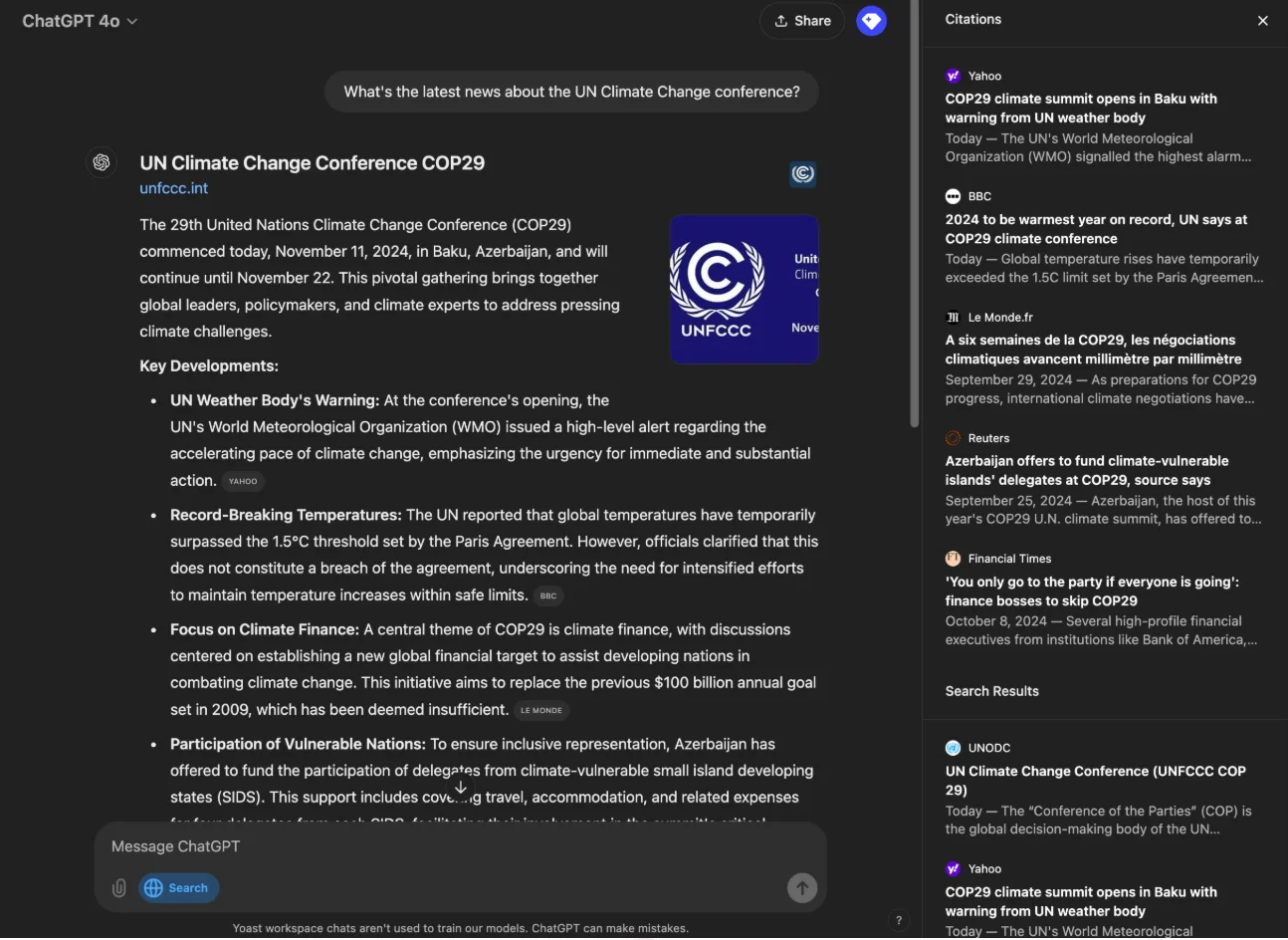 ChatGPT summarizing the latest news on UN Climate Change Conference COP29 in Baku