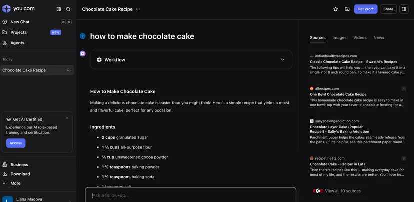 Chocolate cake recipe displayed on You.com AI search results
