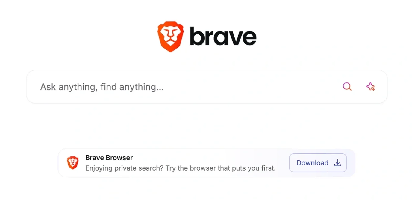Brave Search homepage featuring private AI-powered search bar